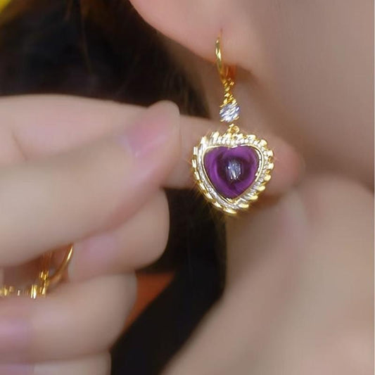 Glamorous Purple Heart Crystal Drop Earrings - Vintage Luxury Jewelry for Women, Elegant Gold Plated Hoop Dangles