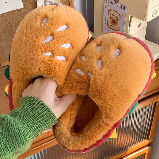 Cute Hamburger Home Cotton Slippers Women'S Autumn and Winter Plush Cotton Shoes Women'S Slippers Men'S Baotou Drag