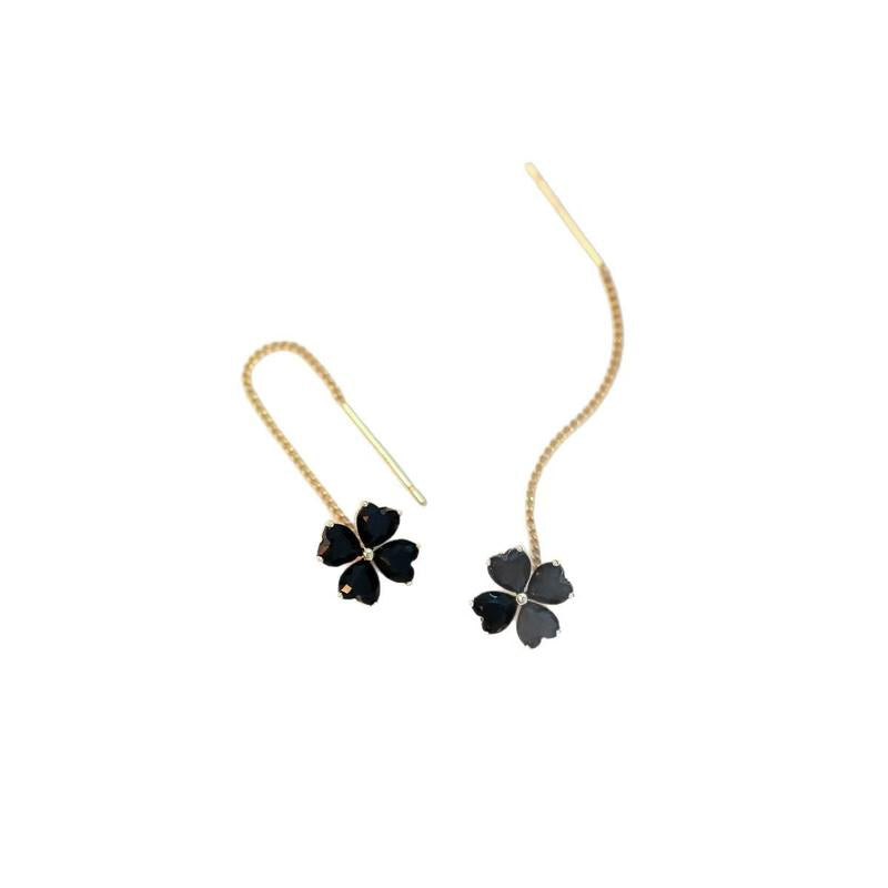 Elevate Your Style with Stunning Black Floral Long Tassel Threader Earrings - Chic Minimalist Jewelry for Women