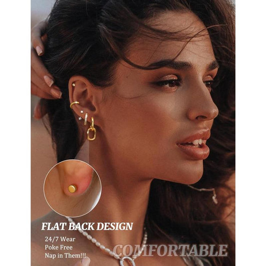 Elevate Your Style with LOLIAS Hypoallergenic Flat Back Earrings Set - 15 Pairs of Trendy Gold Hoops & Studs for Sensitive Ears