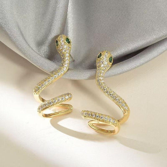 Glam Up Your Look with Chic 14K Gold-Plated Snake Shape Ear Cuff Earrings Featuring Sparkling Micro-Pave Zircon Accents