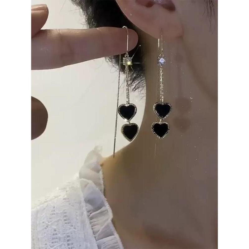 Elevate Your Style with Sexy Black Heart Long Tassel Earrings - Trendy Luxury Ear Threads for Women