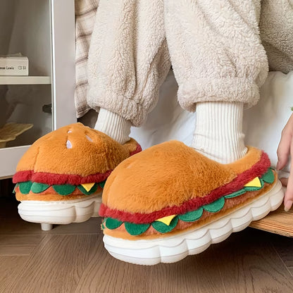 Cute Hamburger Home Cotton Slippers Women'S Autumn and Winter Plush Cotton Shoes Women'S Slippers Men'S Baotou Drag