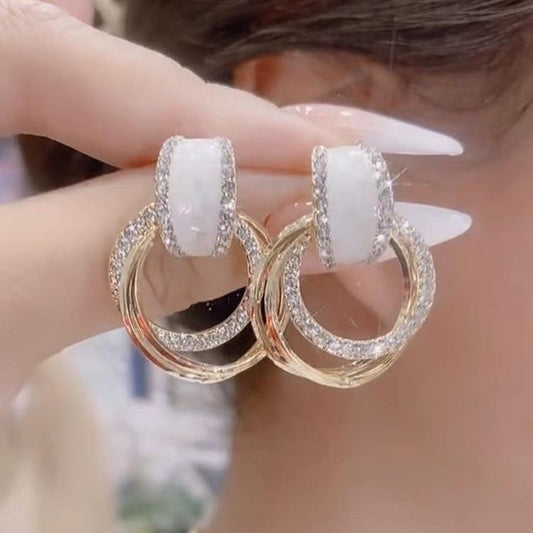 Dazzling S925 Silver Needle Geometric Circle Earrings with Diamond Inlay - Elegant Drop Design for Women