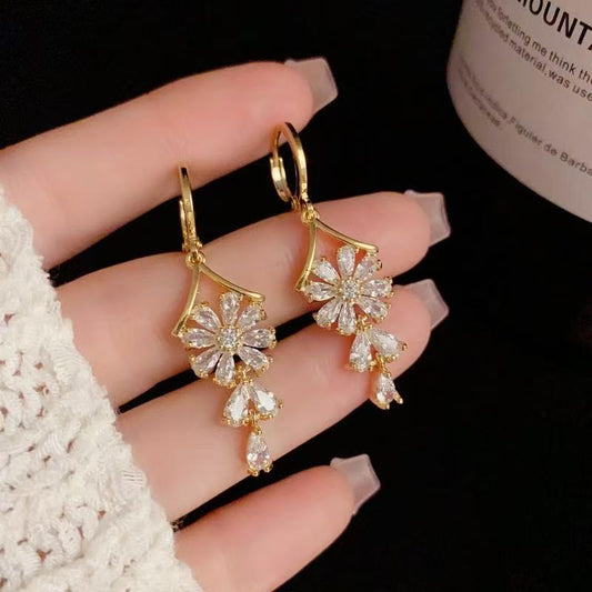 Elevate Your Elegance with Korean Style Zircon Flower Tassel Earrings - Luxurious 14K Gold-Plated Statement Jewelry for Women