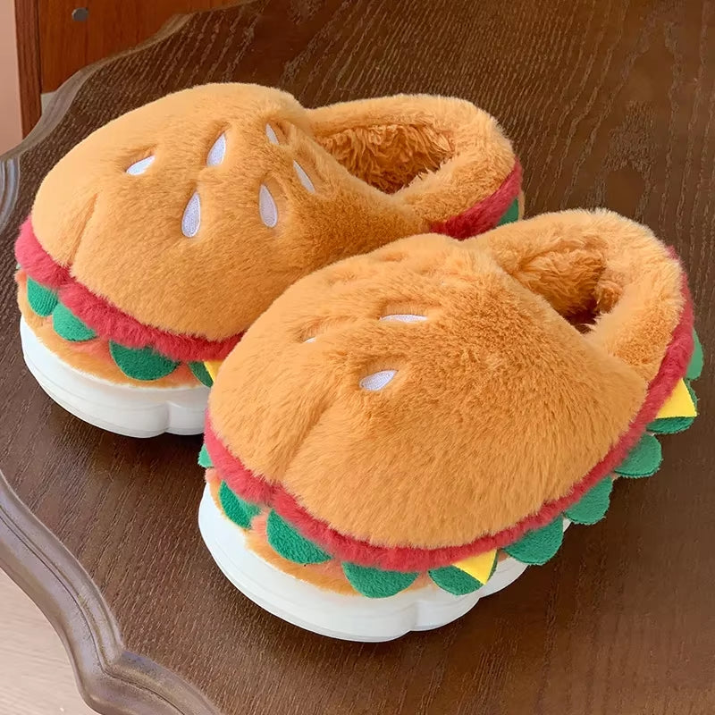 Cute Hamburger Home Cotton Slippers Women'S Autumn and Winter Plush Cotton Shoes Women'S Slippers Men'S Baotou Drag