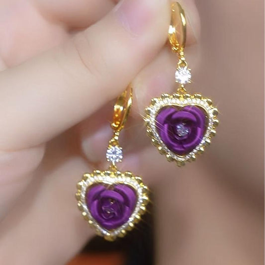 Glamorous Purple Heart Crystal Drop Earrings - Vintage Luxury Jewelry for Women, Elegant Gold Plated Hoop Dangles