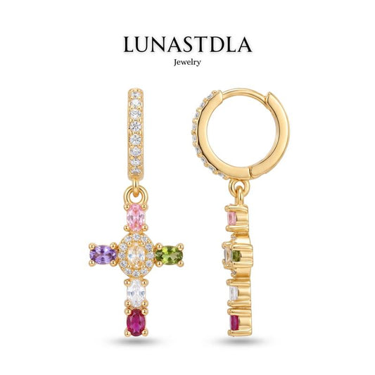 Lunastdla Dainty Rainbow Cross Hoop Earrings - Vibrant Multicolour Zirconia Faith Cross for Women and Girls - Perfect for Daily Wear, Church, Festivals, and Thoughtful Gifts