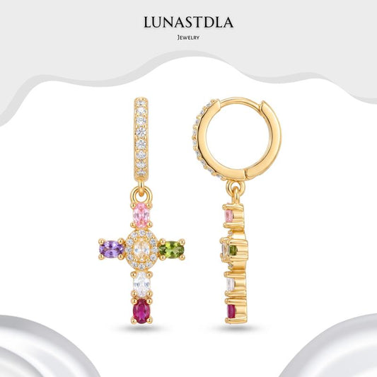Lunastdla Dainty Rainbow Cross Hoop Earrings - Vibrant Multicolour Zirconia Faith Cross for Women and Girls - Perfect for Daily Wear, Church, Festivals, and Thoughtful Gifts