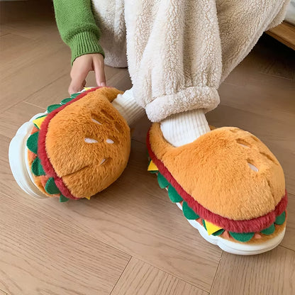 Cute Hamburger Home Cotton Slippers Women'S Autumn and Winter Plush Cotton Shoes Women'S Slippers Men'S Baotou Drag