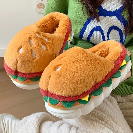 Cute Hamburger Home Cotton Slippers Women'S Autumn and Winter Plush Cotton Shoes Women'S Slippers Men'S Baotou Drag