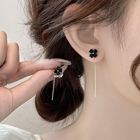 Elevate Your Style with Stunning Black Floral Long Tassel Threader Earrings - Chic Minimalist Jewelry for Women