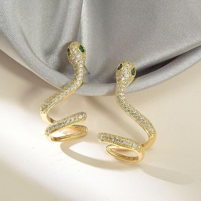Glam Up Your Look with Chic 14K Gold-Plated Snake Shape Ear Cuff Earrings Featuring Sparkling Micro-Pave Zircon Accents
