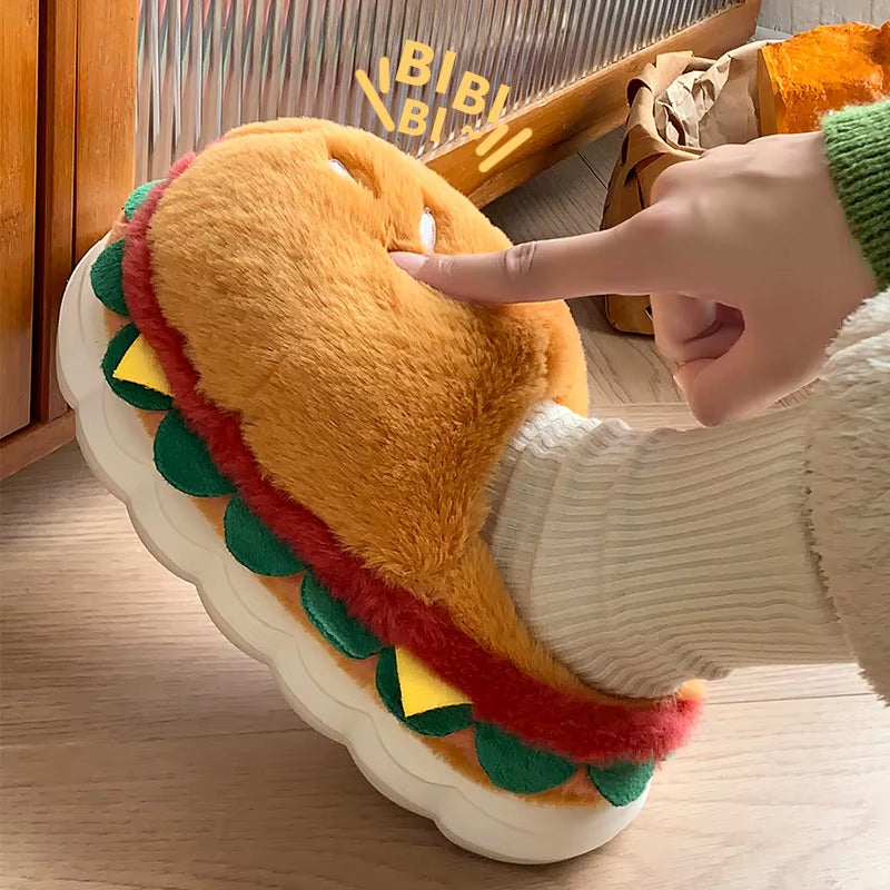 Cute Hamburger Home Cotton Slippers Women'S Autumn and Winter Plush Cotton Shoes Women'S Slippers Men'S Baotou Drag