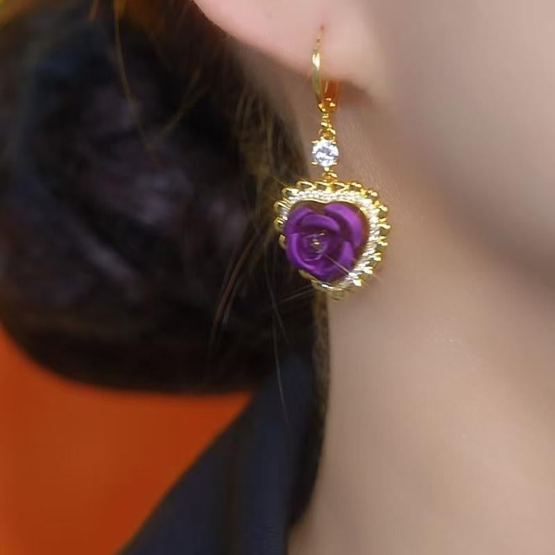 Glamorous Purple Heart Crystal Drop Earrings - Vintage Luxury Jewelry for Women, Elegant Gold Plated Hoop Dangles