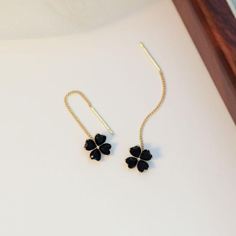 Elevate Your Style with Stunning Black Floral Long Tassel Threader Earrings - Chic Minimalist Jewelry for Women