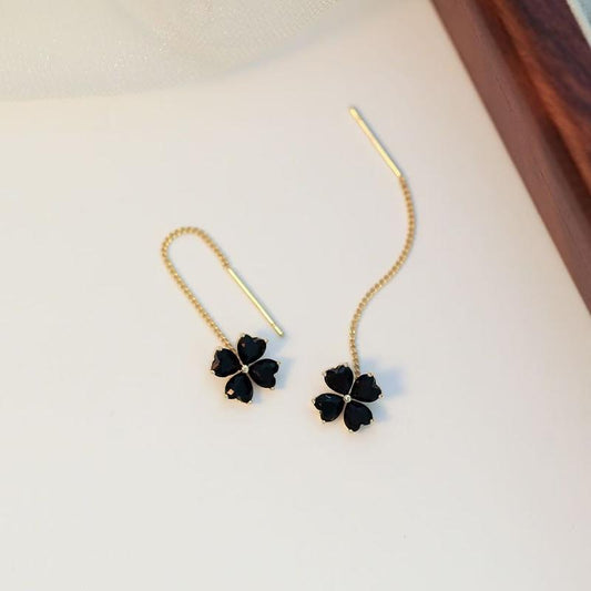 Elevate Your Style with Stunning Black Floral Long Tassel Threader Earrings - Chic Minimalist Jewelry for Women