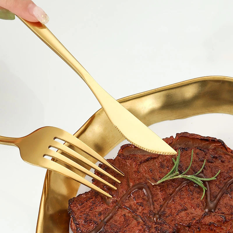 6Pcs/30Pcs Golden Stainless Steel Portuguese Cutlery Knife Fork Spoon Tea Spoon Chopsticks Upscale Cutlery Set