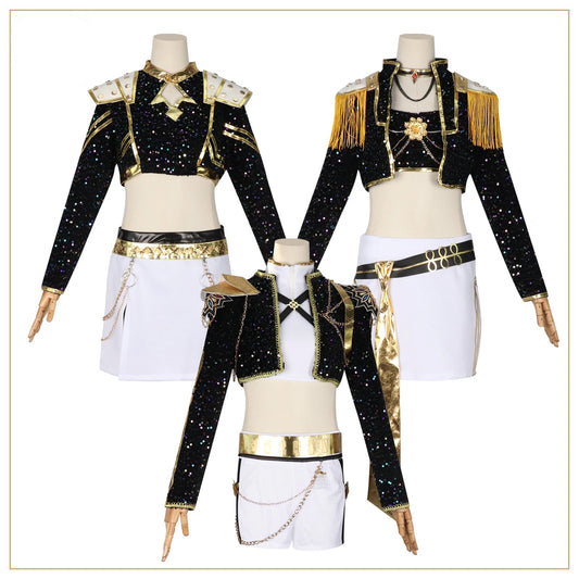 Black and Gold Girl Group Cosplay Costumes, Anime and Game Cosplay Halloween Stage Costumes