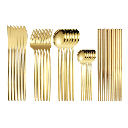 6Pcs/30Pcs Golden Stainless Steel Portuguese Cutlery Knife Fork Spoon Tea Spoon Chopsticks Upscale Cutlery Set