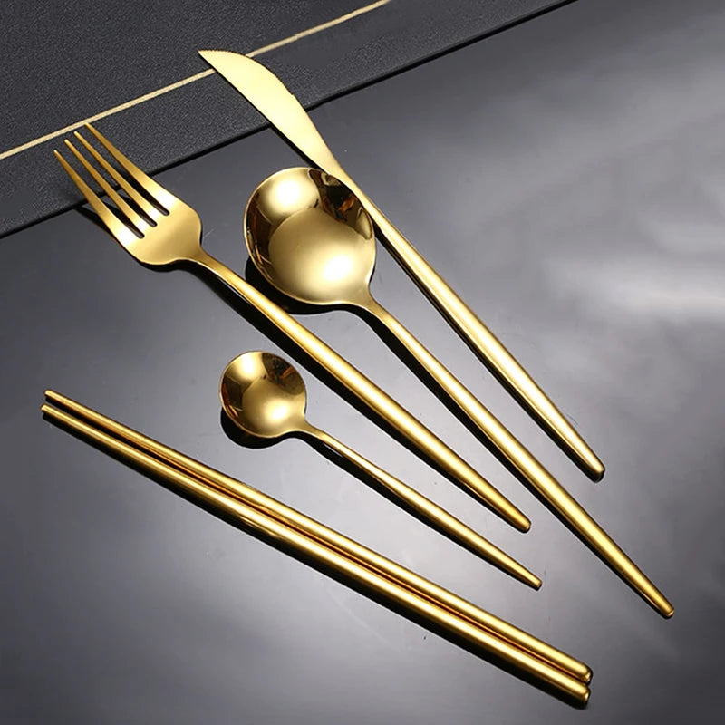 6Pcs/30Pcs Golden Stainless Steel Portuguese Cutlery Knife Fork Spoon Tea Spoon Chopsticks Upscale Cutlery Set