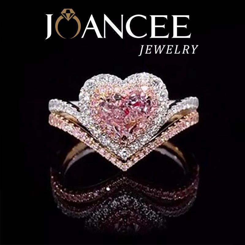 Stunning Heart Cut Pink Two-Tone Rose Gold 925 Sterling Silver Halo Bridal Set - Perfect Gift for New Year & Valentine's Day!