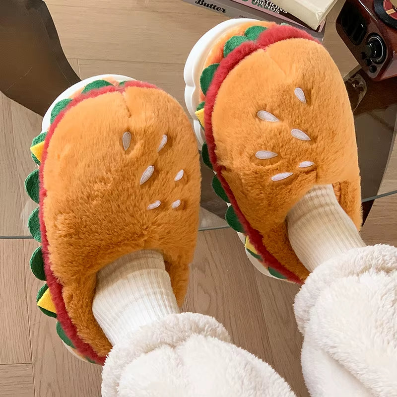 Cute Hamburger Home Cotton Slippers Women'S Autumn and Winter Plush Cotton Shoes Women'S Slippers Men'S Baotou Drag